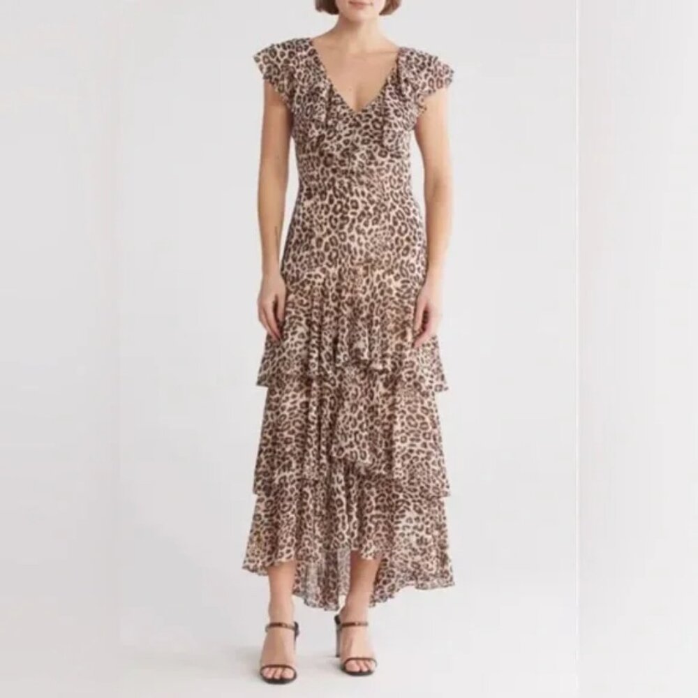 WAYF Women's Brown Animal leopard Print Tiered ruffle midi Dress Sz S Small new